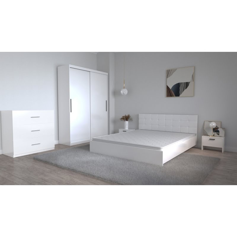 1-2.jpg Set Dormitor Coral Alb cu tablie tapitata Dressing 2 usi glisante fara oglinda Noptiere si Comoda TV 3 sertare - imagine 1