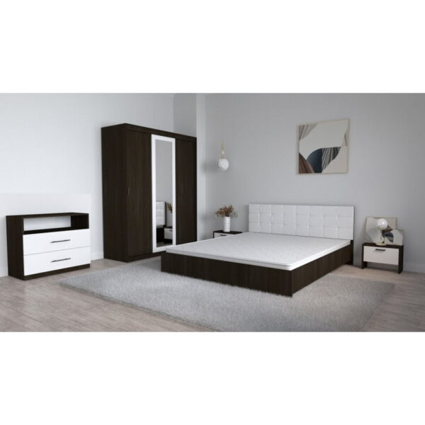 Set Dormitor Coral Wenghe cu tablie tapitata Alba Dressing 3 usi glisante cu oglinda Noptiere si Comoda TV Royal