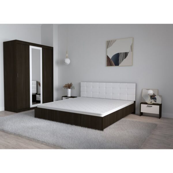 Set Dormitor Coral Wenghe cu tablie tapitata Alba Dressing 3 usi glisante cu oglinda Noptiere fara Comoda TV