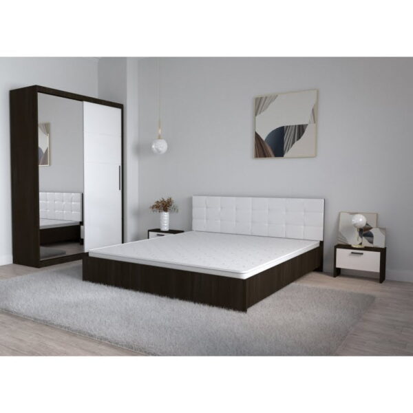 Set Dormitor Coral Wenghe cu tablie tapitata Alba Dressing 2 usi glisante cu oglinda Noptiere fara Comoda TV