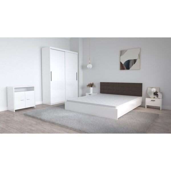 Set Dormitor Coral Alb cu tablie tapitata Magia Dressing 2 usi glisante fara oglinda Noptiere si Comoda TV Lorena