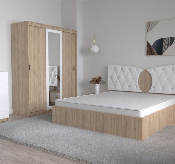 Dormitor Kent Sonoma Alb cu Pat Matrimonial 160 cm x 200 cm Dulap 3 Usi Glisante cu Oglinda Noptiere si Comoda Tv 3 sertare