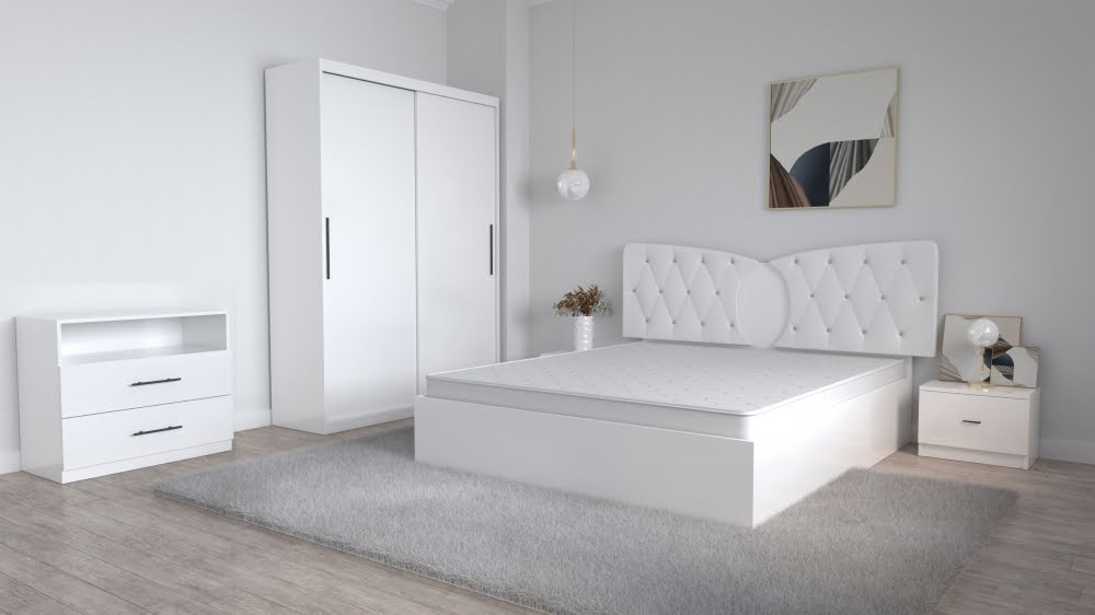 2-22.jpg Dormitor Kent Alb cu Pat Matrimonial 160 cm x 200 cm Dulap 2 usi Glisante fara oglinda Noptiere si Comoda Tv Royal - imagine 1
