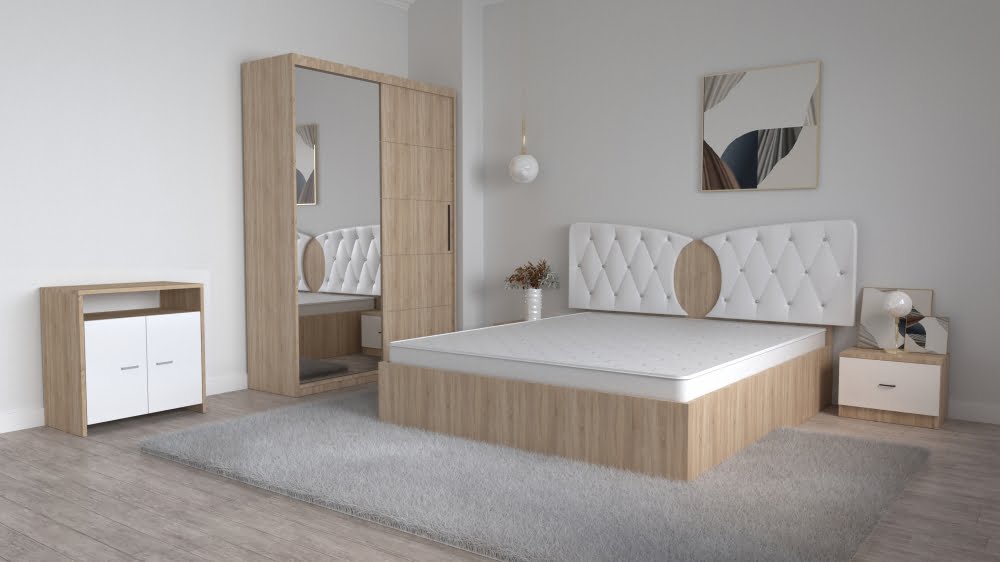 2-25.jpg Dormitor Kent Sonoma Alb cu Pat Matrimonial 160 cm x 200 cm Dulap 2 usi Glisante cu Oglinda Noptiere si Comoda tv Lorena - imagine 1