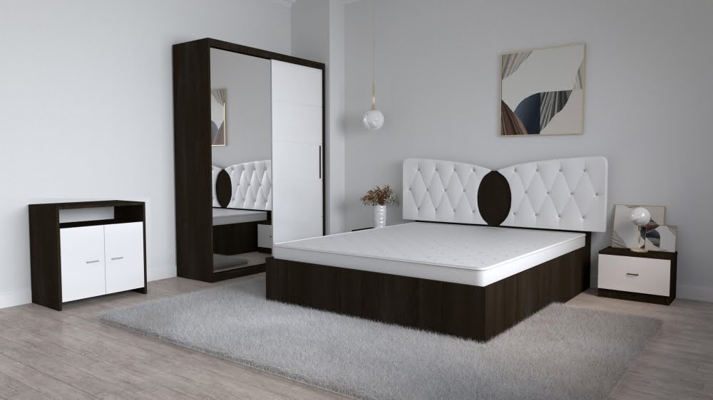 2-26.jpg Dormitor Kent Magia Alb cu Pat Matrimonial 160 cm x 200 cm Dulap 2 usi Glisante cu Oglinda Noptiere si Comoda Tv Lorena - imagine 1