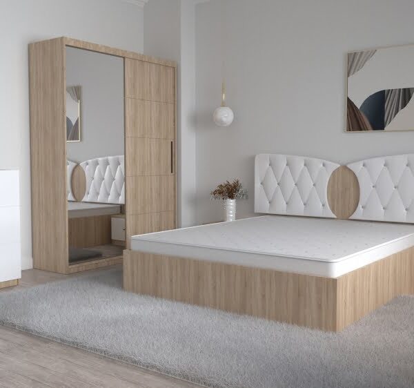 Dormitor Kent Sonoma Alb cu Pat Matrimonial 160 cm x 200 cm Dulap 2 usi Glisante cu Oglinda Noptiere si Comoda Tv 3 sertare