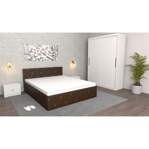 Dormitor Milano Wenge Alb cu Dulap usi glisante fara oglinda, Pat Matrimonial Wenge si Noptiere albe