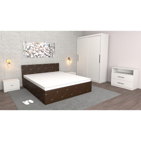 Dormitor Milano Wenge Alb cu comoda Tv alba, Pat Matrimonial Wenge,Dulap Usi glisante fara oglinda si noptiere albe