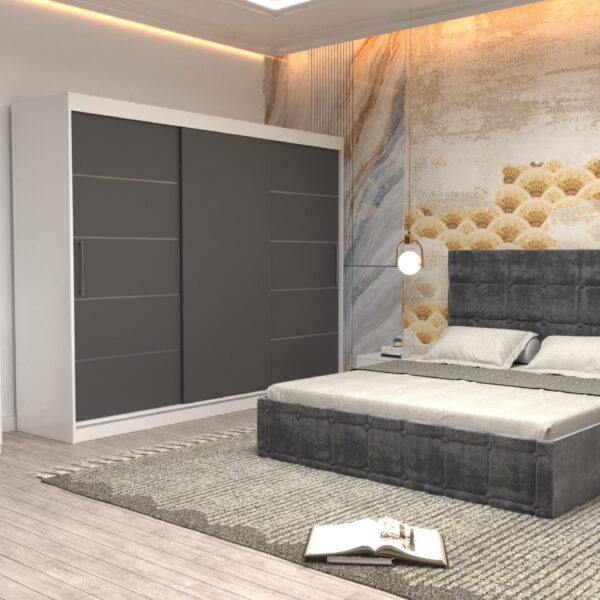 Dormitor Regal cu Pat Matrimonial Gri  Stofa Dulap usi glisante 250 x 200 cm Alb cu usi Gri Fara Oglinda Noptiere si comoda TV