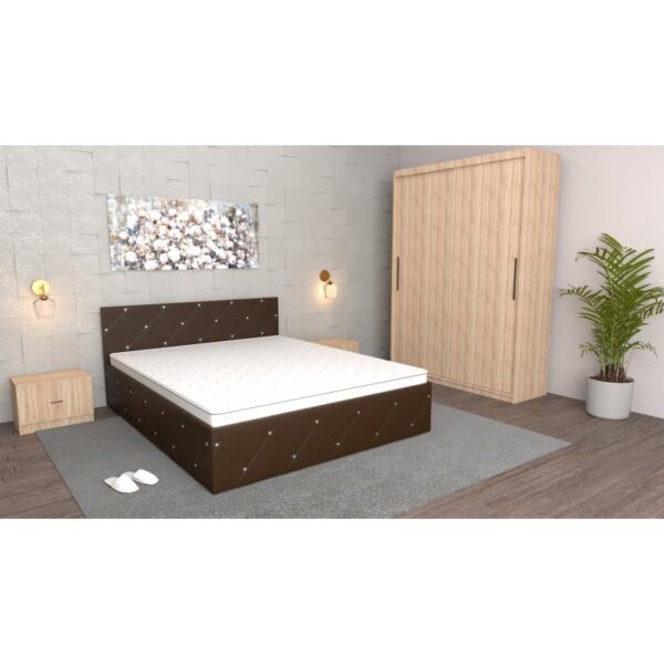 Dormitor Milano Wenge Sonoma cu Dulap Usi Glisante fara oglinda Sonoma,Pat Matrimonial Wenge Si noptiere Sonoma