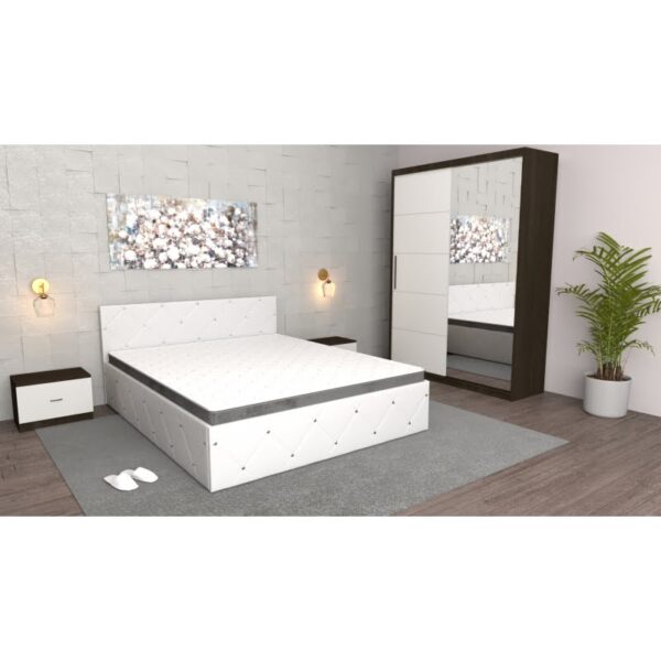 Dormitor Milano Alb Wenge cu Dulap usi glisante cu oglinda Wenge,Pat Matrimonial Alb si Noptiere Wenge
