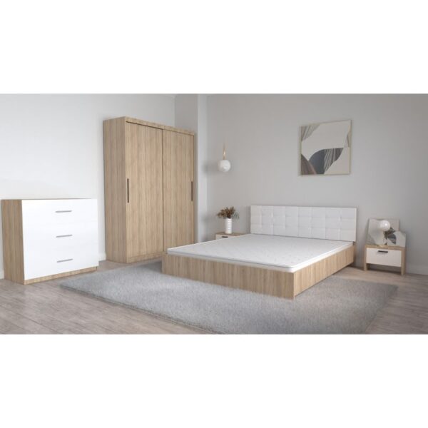 Set Dormitor Coral Stejar sonoma cu tabli tapitata Alba Dressing 2 usi glisante fara oglinda Noptiere si Comoda TV 3 sertare