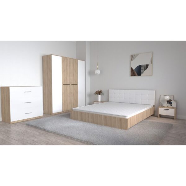 Set Dormitor Coral Stejar sonoma cu tablie tapitata Alba Dulap Lorena 4 usi Noptiere si Comoda TV 3 sertare