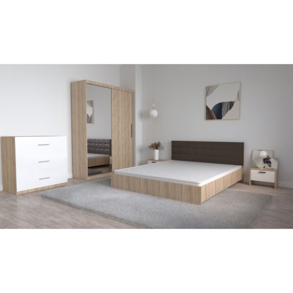 Set Dormitor Coral Stejar sonoma cu tablie tapitata Wenghe Dressing 2 usi glisante cu oglinda Noptiere si Comoda TV 3 sertare