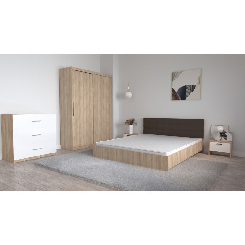 45.jpg Set Dormitor Coral Stejar sonoma cu tablie tapitata Wenghe Dressing 2 usi glisante fara oglinda Noptiere si Comoda TV 3 sertare - imagine 1