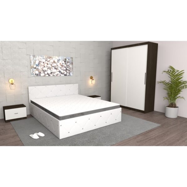 Dormitor Milano Alb Wenge cu Dulap usi Glisante fara oglinda Wenge, Pat Matrimonial Alb si Noptiere Wenge