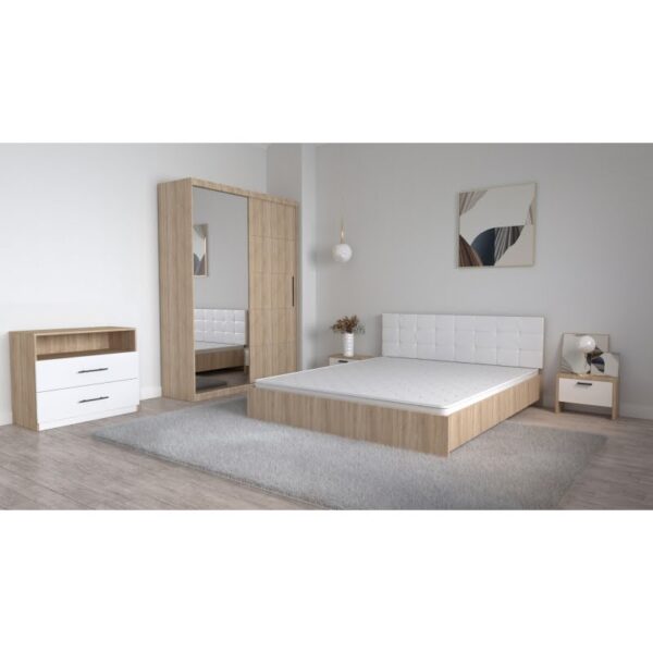 Set Dormitor Coral Stejar sonoma cu tablie tapitata Alba Dressing 2 usi glisante cu oglinda Noptiere si Comoda TV Royal