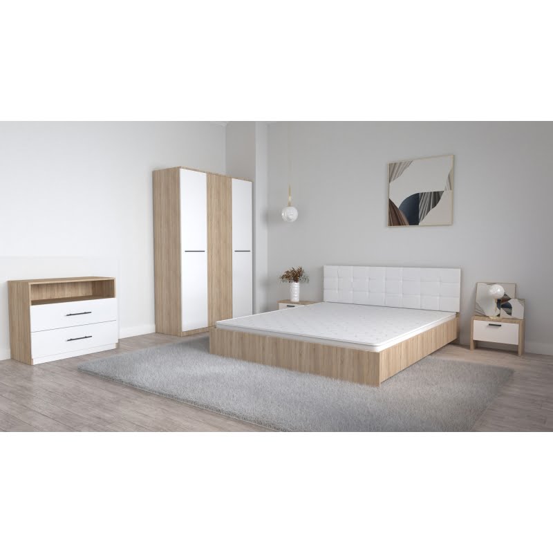 58.jpg Set Dormitor Coral Stejar sonoma cu tablie tapitata Alba Dulap Lorena 3 usi Noptiere si Comoda TV Royal - imagine 1