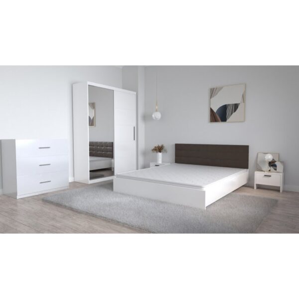 Set Dormitor Coral Alb cu tablie tapitata Magia Dressing 2 usi glisante cu oglinda Noptiere si Comoda TV 3 sertare