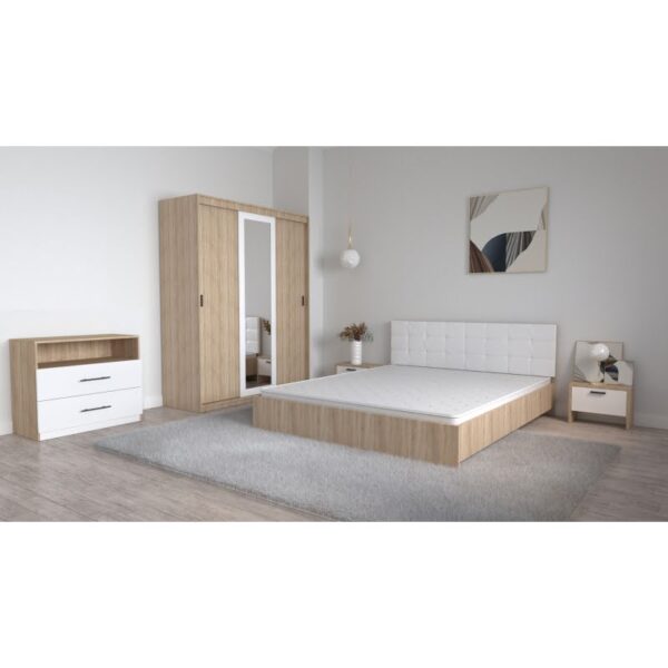 Set Dormitor Coral Stejar sonoma cu tablie tapitata Alba Dressing 3 usi glisante cu oglinda Noptiere si Comoda TV Royal