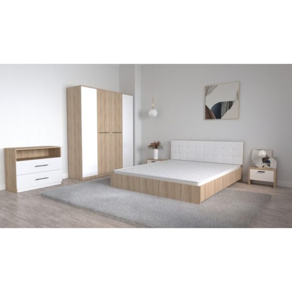 Set Dormitor Coral Stejar sonoma cu tablie tapitata Alba Dulap Lorena 4 usi Noptiere si Comoda TV Royal