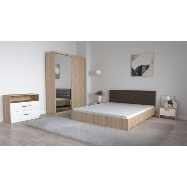 Set Dormitor Coral Stejar sonoma cu tablie tapitata Wenghe Dressing 2 usi glisante cu oglinda Noptiere si Comoda TV Royal