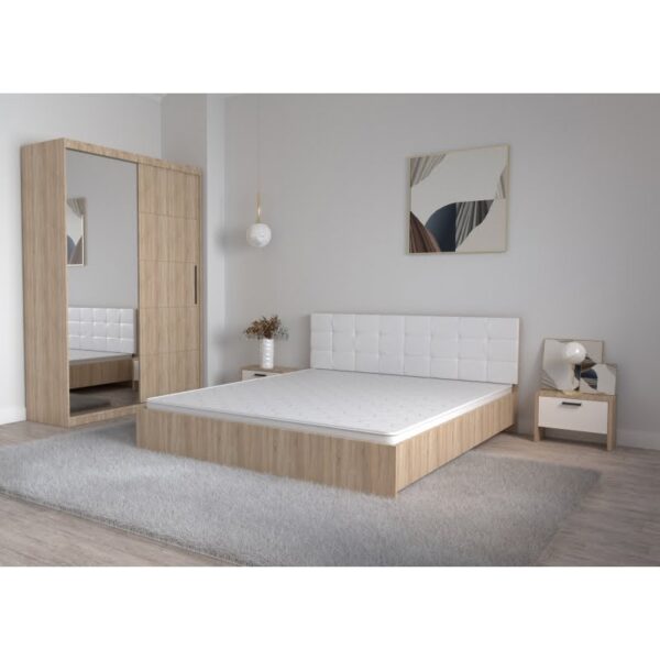 Set Dormitor Coral Stejar sonoma cu tablie tapitata Alba Dressing 2 usi glisante cu oglinda Noptiere fara Comoda TV