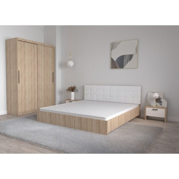 Set Dormitor Coral Stejar sonoma cu tablie tapitata Alba Dressing 2 usi glisante fara oglinda Noptiere fara Comoda TV