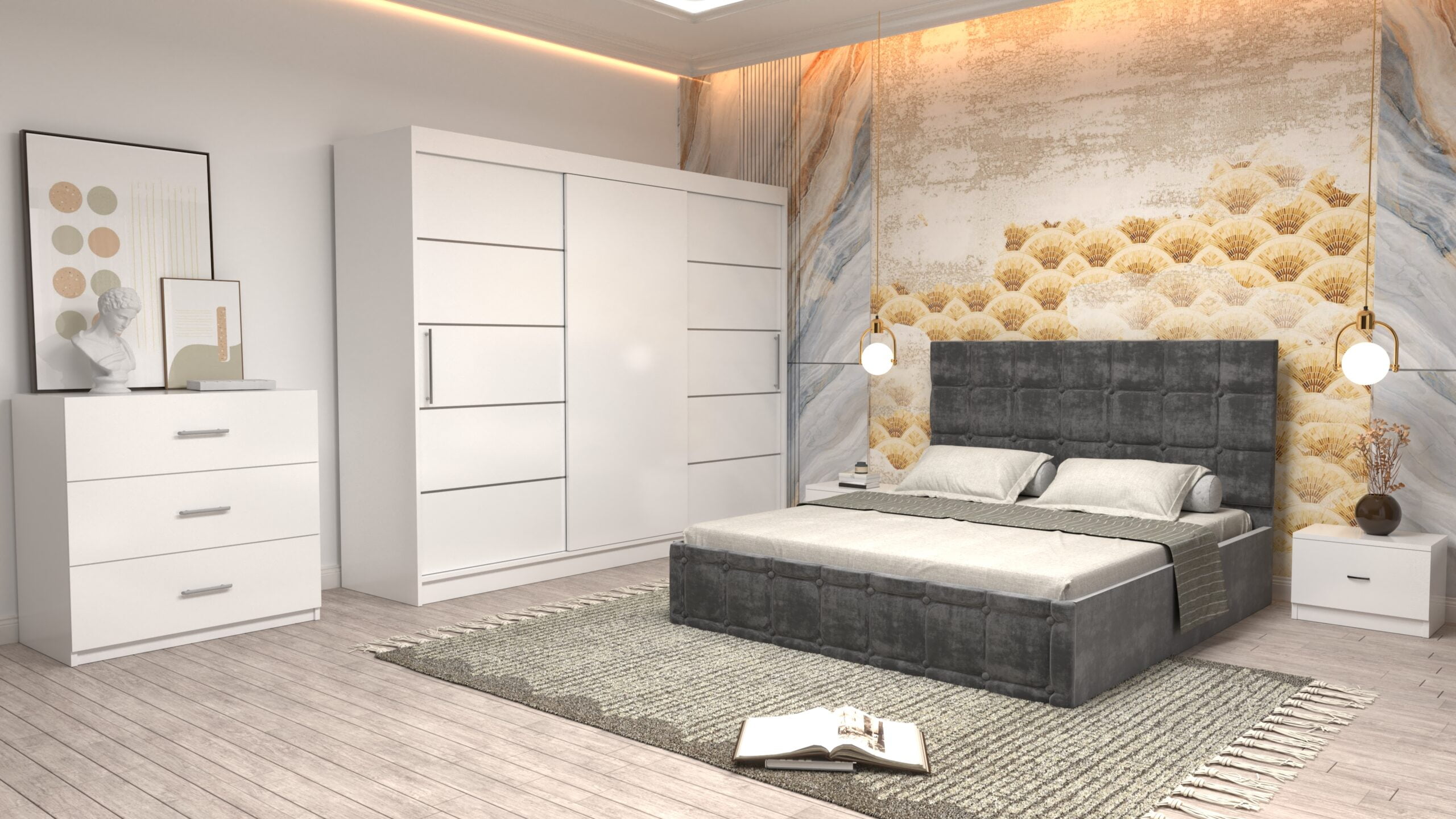 6j-scaled-1.jpg Dormitor Regal cu Pat Matrimonial Gri Stofa Dulap usi glisante 250 x 200 cm Alb cu usi Albe Fara Oglinda Noptiere si comoda TV - imagine 1