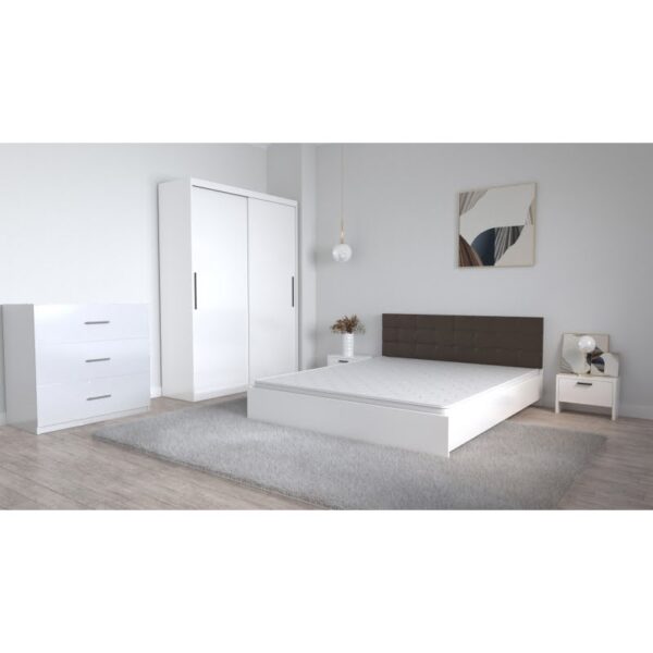 Set Dormitor Coral Alb cu tablie tapitata Magia Dressing 2 usi glisante fara oglinda Noptiere si Comoda TV 3 sertare