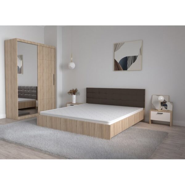 Set Dormitor Coral Stejar sonoma cu tablie tapitata Wenghe Dressing 2 usi glisante cu oglinda Noptiere fara Comoda TV