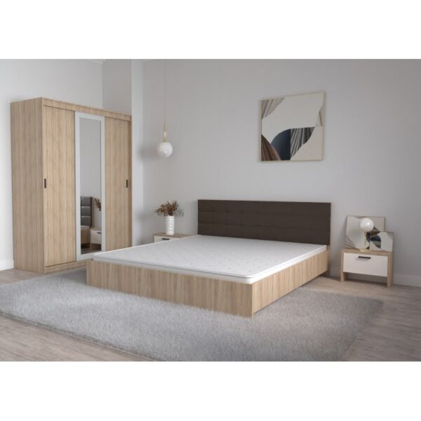 Set Dormitor Coral Stejar sonoma cu tablie tapitata Wenghe Dressing 3 usi glisante cu oglinda Noptiere fara Comoda TV