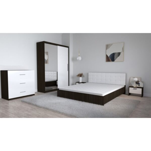 Set Dormitor Coral Wenghe cu tablie tapitata Alba Dressing 2 usi glisante cu oglinda Noptiere cu Comoda TV 3 sertare