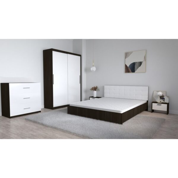 Set Dormitor Coral Wenghe cu tablie tapitata Alba Dressing 2 usi glisante fara oglinda Noptiere si Comoda TV 3 sertare