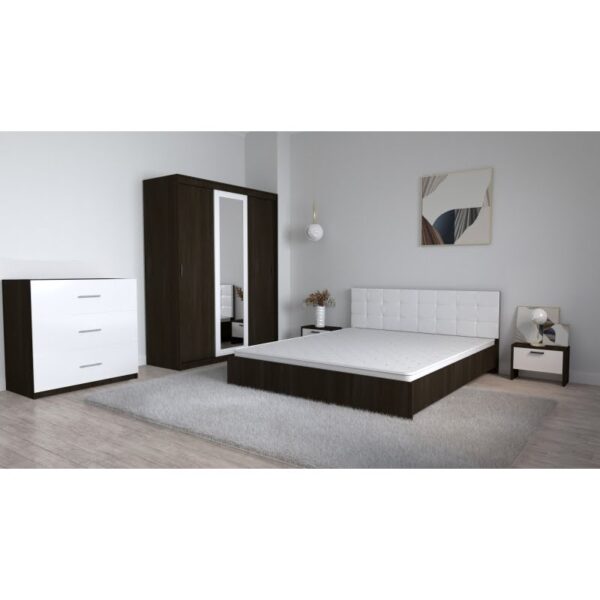 Set Dormitor Coral Wenghe cu tablie tapitata Alba Dressing 3 usi glisante cu oglinda Noptiere si Comoda TV 3 sertare