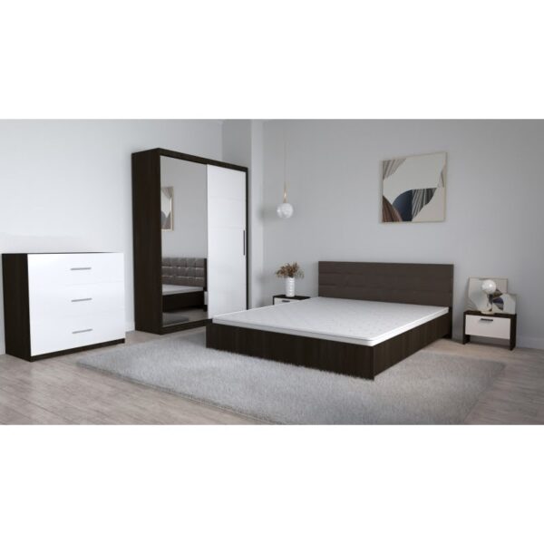 Set Dormitor Coral Wenghe cu tablie tapitata Wenghe Dressing 2 usi glisante cu oglinda Noptiere si Comoda TV 3 sertare