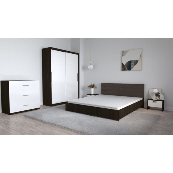 Set Dormitor Coral Wenghe cu tablie tapitata Wenghe Dressing 2 usi glisante fara oglinda Noptiere si Comoda TV 3 sertare