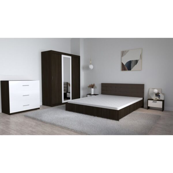 Set Dormitor Coral Wenghe cu tablie tapitata Wenghe Dressing 3 usi glisante cu oglinda Noptiere si Comoda TV 3 sertare