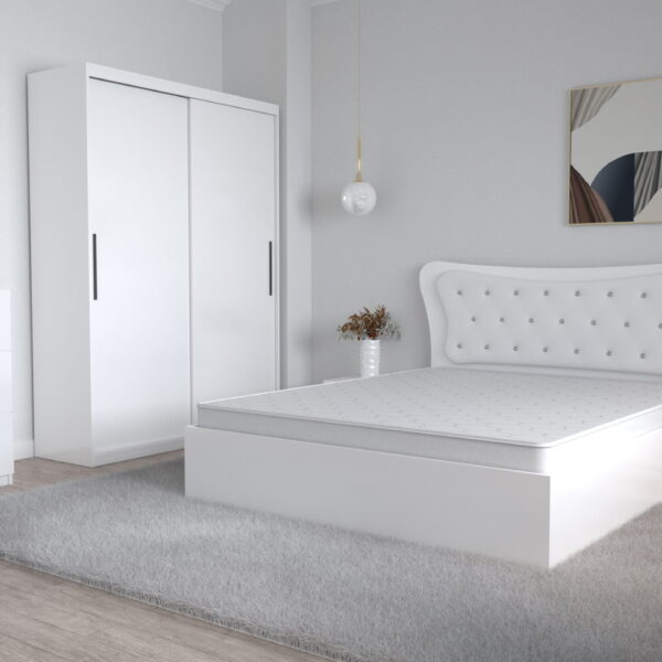 Dormitor Dante Alb cu Pat Matrimonial 160 cm x 200 cm Dulap Usi Glisante fara oglinda Noptiere si comoda tv 3 sertare