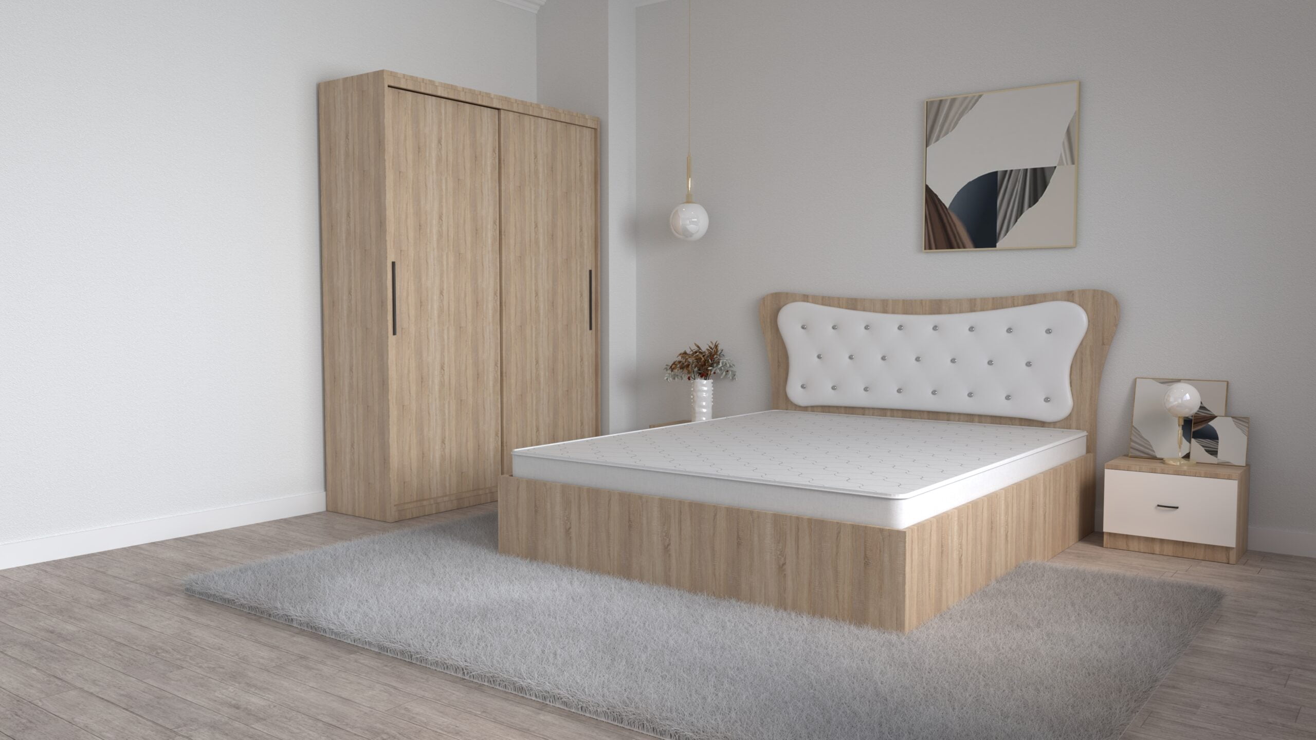 S-11-scaled-2.jpg Dormitor Dante Stejar Sonoma Alb cu Pat Matrimonial 160 cm x 200 cm Dulap doua usi glisante fara oglinda si Noptiere - imagine 1