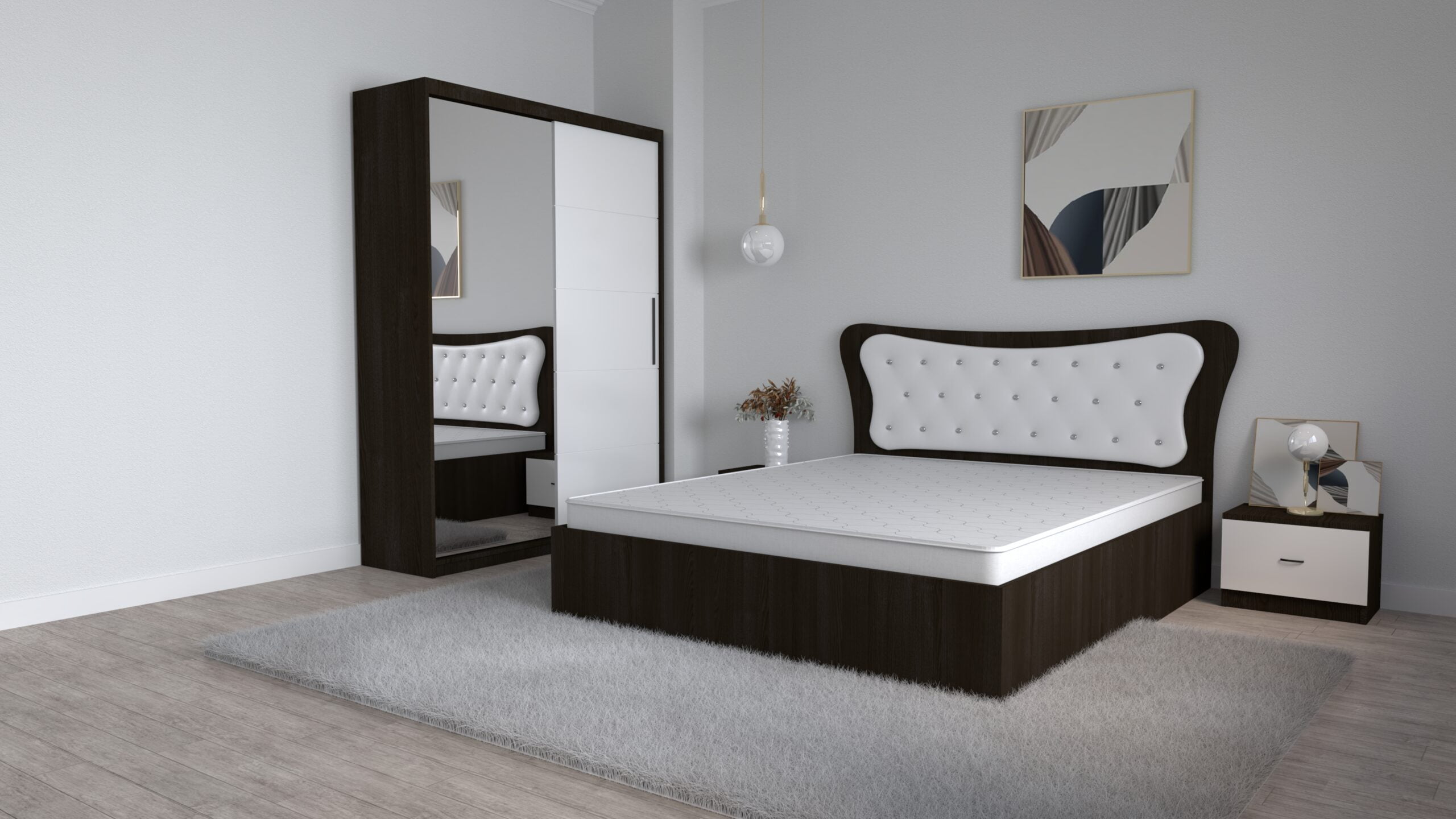 S-8-scaled-1.jpg Dormitor Dante Magia Alb cu Pat Matrimonial 160 cm x 200 cm Dulap doua usi glisante cu oglinda si Noptiere - imagine 1