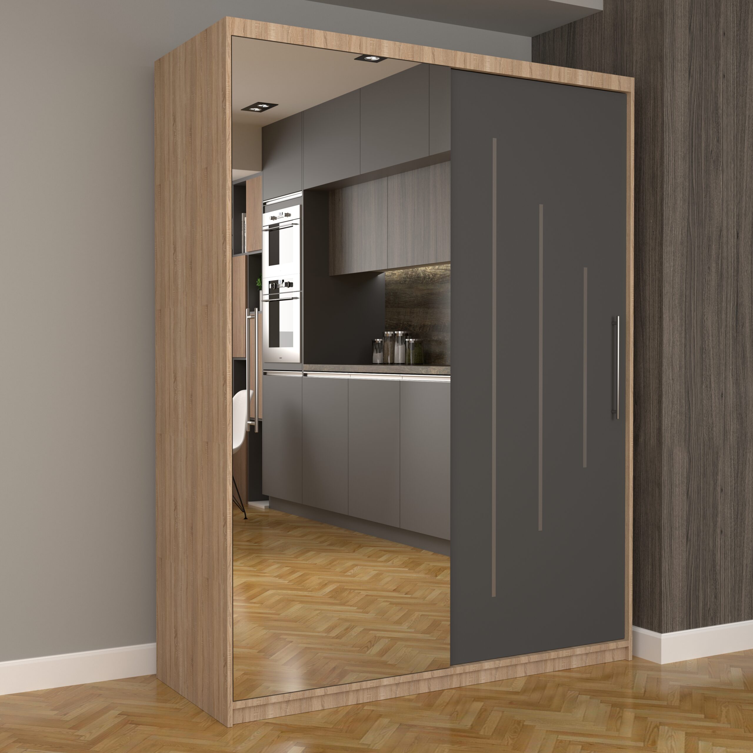 a-114-scaled-1.jpg Dulap Dormitor Nova Ultra 150 cm x 200 cm , cu oglinda , sonoma cu usi glisante gri - imagine 1