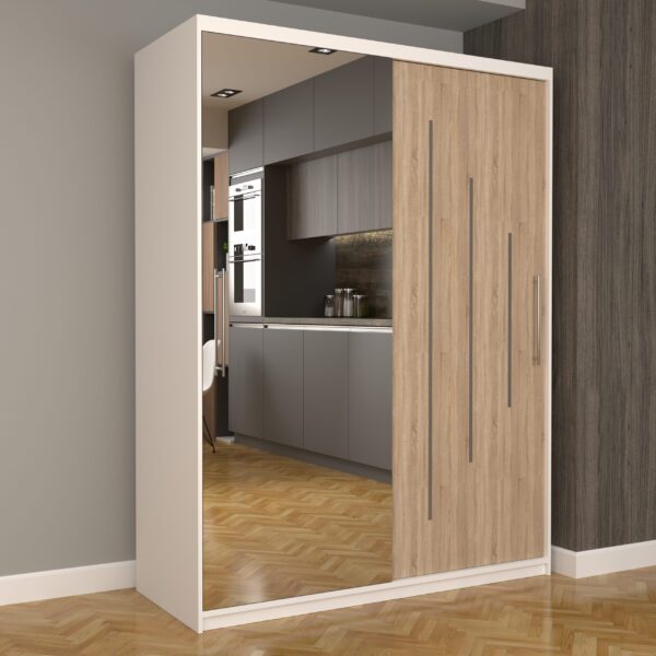 Dulap Dormitor Nova Ultra 150 cm x 200 cm cu oglinda  Alb cu usi glisante Sonoma