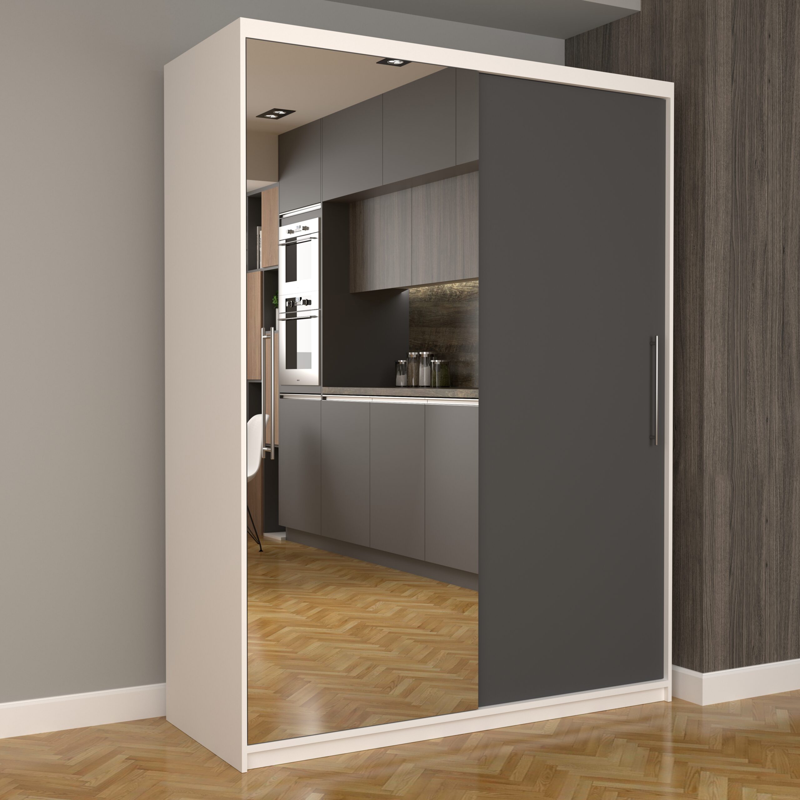 a-133-scaled-1.jpg Dulap Dormitor Nova Eco 150 cm x 200 cm, cu oglinda, alb cu usi glisante gri - imagine 1