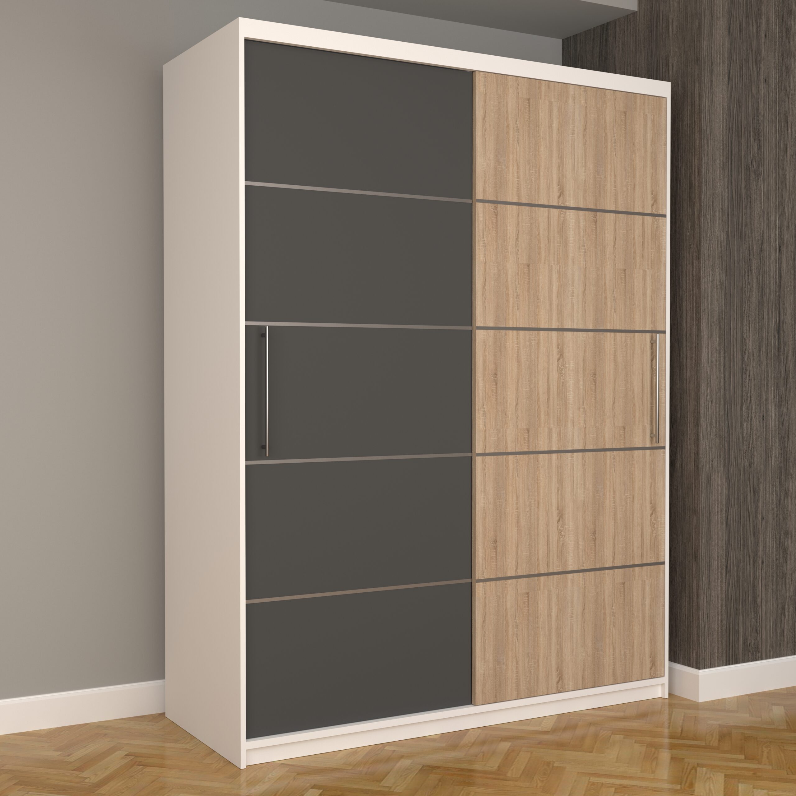 a-39-scaled-1.jpg Dulap Dormitor Nova Plus 150 cm x 200 cm, fara oglinda, Alb cu usi glisante Gri Sonoma - imagine 1