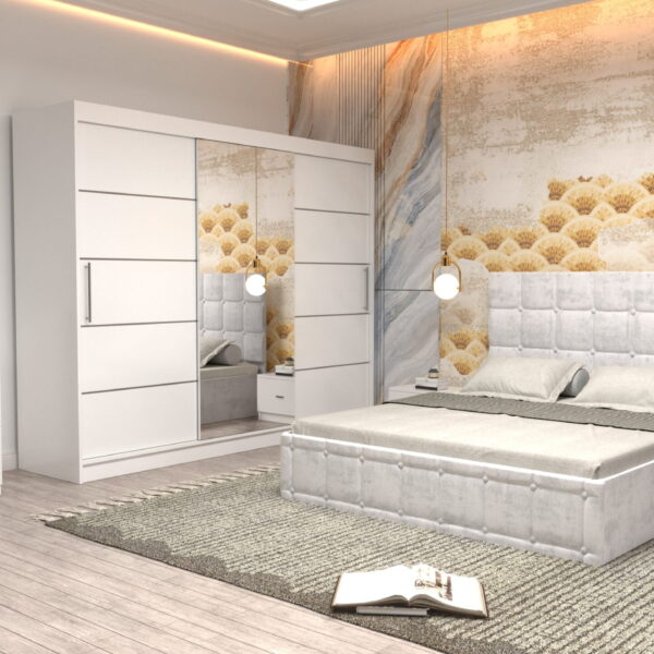 Dormitor Regal cu Pat Matrimonial Alb Stofa Dulap usi glisante 250 x 200 cm Alb cu usi glisante Albe Noptiere si Comoda Tv