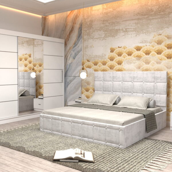Dormitor Regal cu Pat Matrimonial Alb Stofa Dulap usi glisante 250 x 200 cm Alb cu usi glisante Albe si Noptiere