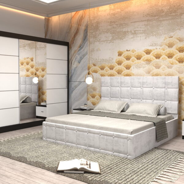 Dormitor Regal cu Pat Matrimonial Alb Stofa Dulap usi glisante 250 x 200 cm Wenghe cu usi glisante Albe Cu Oglinda si Noptiere