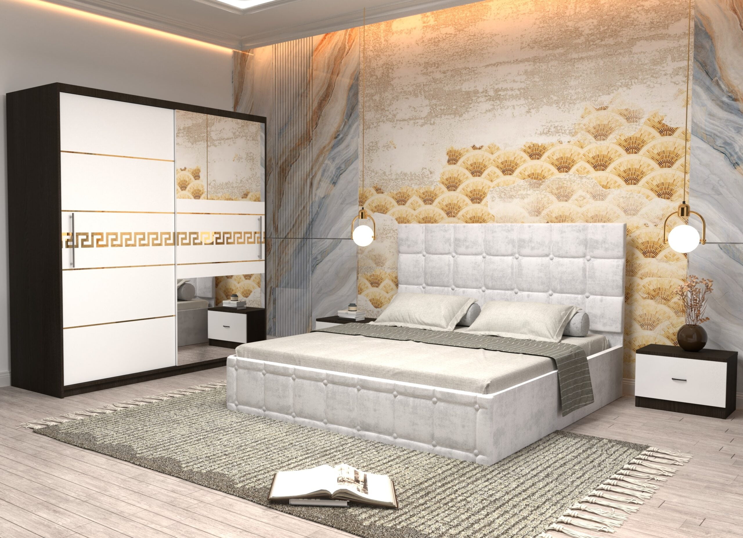a13-scaled-1.jpg Dormitor Regal cu Pat Matrimonial Alb Stofa Dulap Gold usi glisante 200 x 200 cm Wenghe cu usi glisante Albe Cu Oglinda si Noptiere - imagine 1