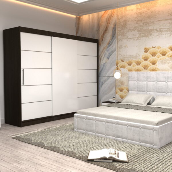 Dormitor Regal cu Pat Matrimonial Alb Stofa Dulap usi glisante 250 x 200 cm Wenghe cu usi glisante Albe Fara Oglinda Noptiere si comoda TV